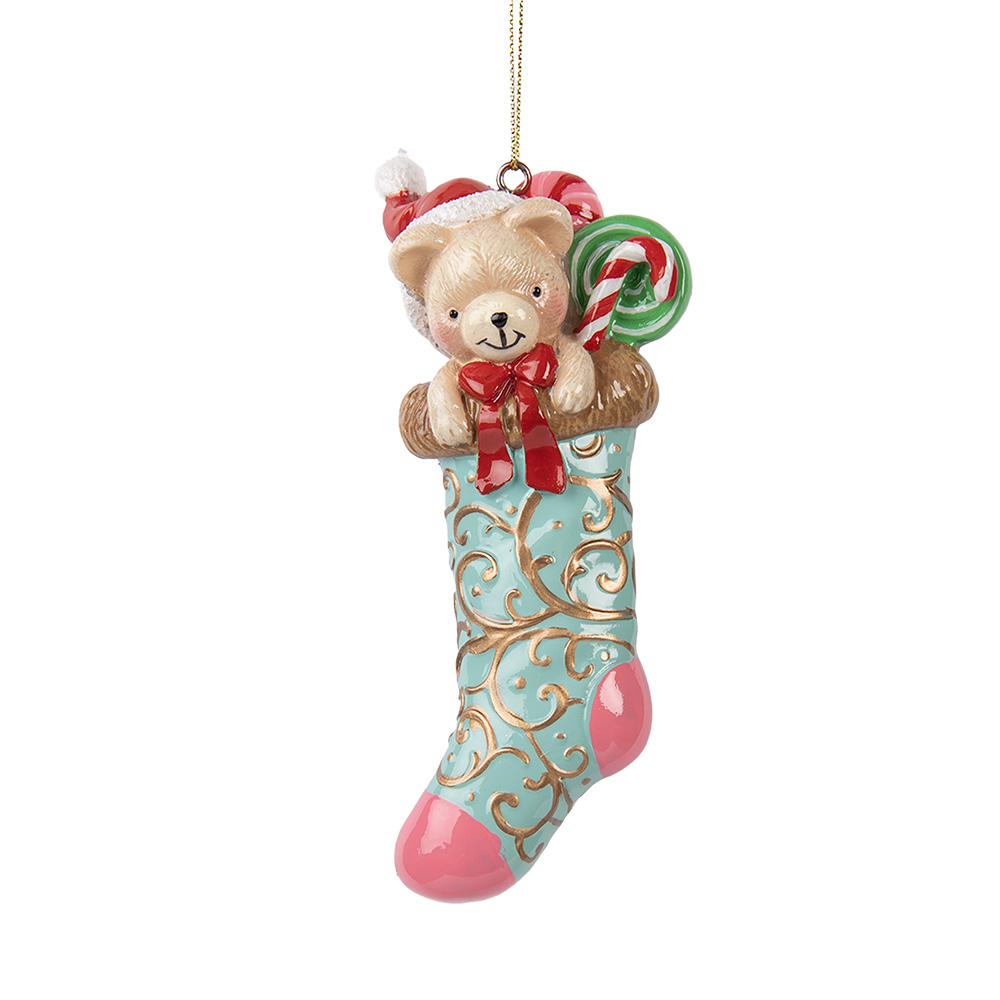 Decoratie hanger beer in kerstsok 7x5x15 cm